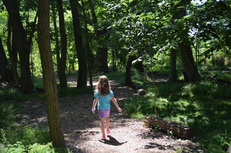 A girl walks down a sun-dappled path in the church woodlands.