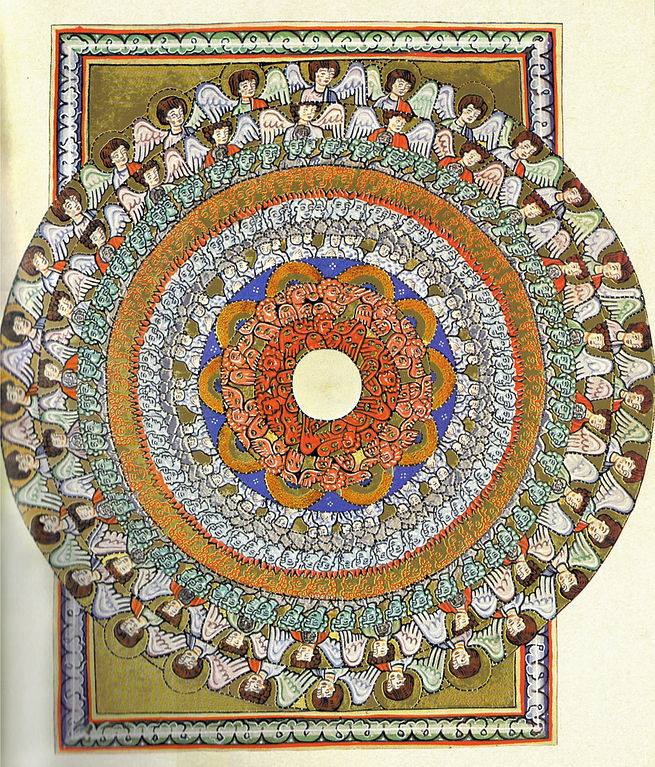 A circular design with angels around the perimeter