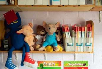 Toys and books sit on a shelf