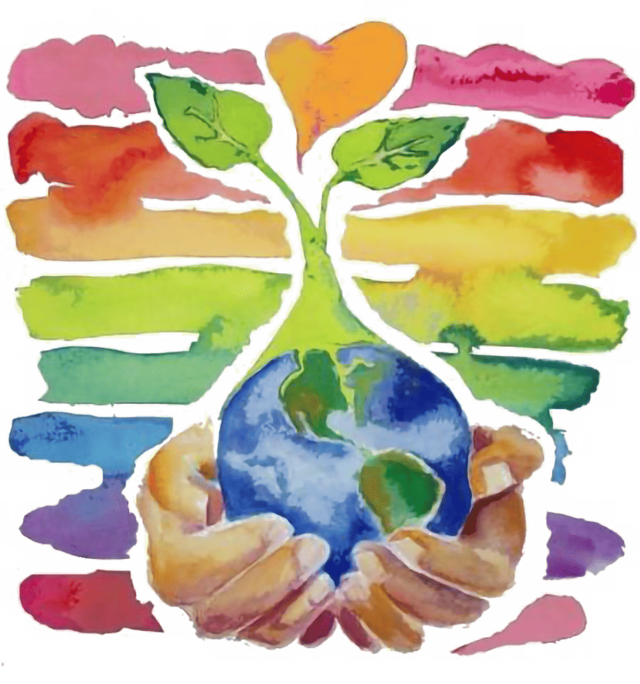 Watercolor painting of hands cradling sprouting earth
